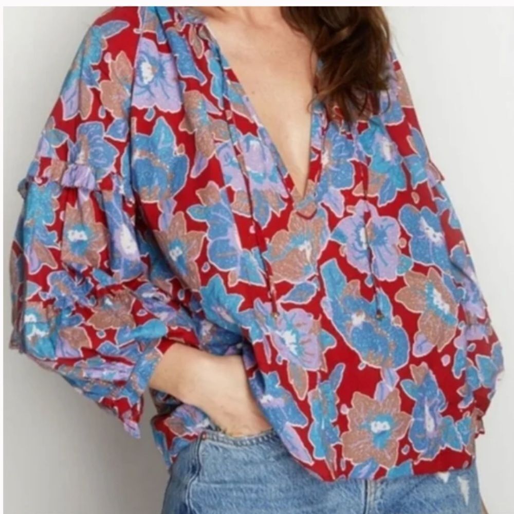 Love The Label Red Floral Cotton Boho Blouse XS Balloon Sleeve